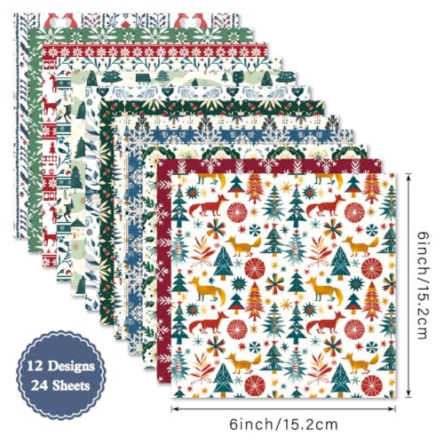 24 Sheets Christmas Scrapbooking Paper Pad - 6inch Patterns Designed Supplies for Valentine Christmas DIY Crafts Cardstock Material Journals Collage Diary Gift Folded Wrapping
