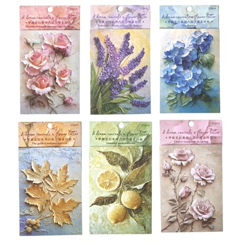 60 Pcs Vintage Impasto Oil Painting Scrapbook Paper, Art Ephemera | 3D Relief Floral Embossed Textured Art Paper, 4x5.5 Inch Aesthetic Ephemera for Junk Journaling, Scrapbooking, Crafts - color: Dream of Hiding Flowers