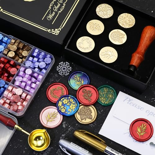 SWANGSA Botanical Flower Wax Seal Stamp Kit with 450pcs Sealing Wax Beads | Wax Seal Kit Includes 2 Pens and Spoon for Wedding, Invitations, Cards, Envelope, Christmas - color: Botanical