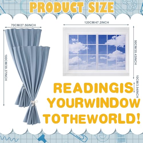 Engrowtic 7pcs Classroom Reading Corner Decor Set Includes 2 Curtains Panels 35x47in Window Backdrop, Reading is Your Window to the World Stickers, Motivational Bulletin Board Kit for Library School
