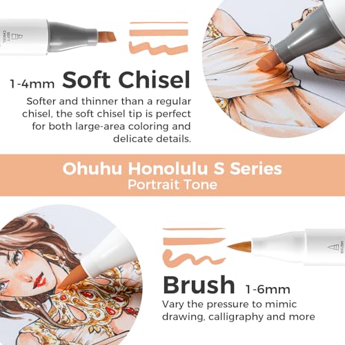 Ohuhu Alcohol Markers 24 Skin Colors Brush Soft Chisel for Portrait Drawing | Dual Tips Art Markers for Artists Adults Coloring Illustration Sketching, AP Certified Refillable Alcohol-based, Honolulu 2S - style: Brush& Soft Chisel