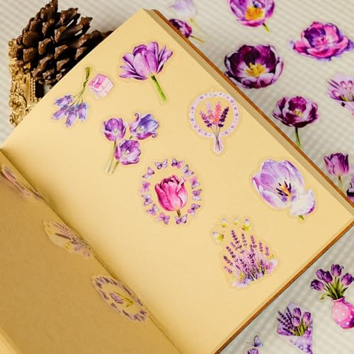 56Pcs Natural Flower PET Stickers Set | Transparent floral decals with lavender and tulip designs for scrapbooking, journals,laptops and personal decor. - style: Purple Tulip Floral