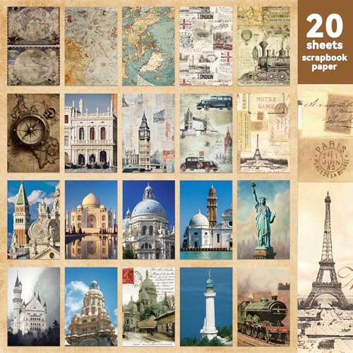52 Sheets World Travel Stickers & Scrapbook Paper Set - Vintage Travel Themed for Scrapbooking Journaling Junk Journal Planner - Retro Adventure Stickers for DIY Crafts - color: Travel Scrapbook Stickers, style: Art Deco