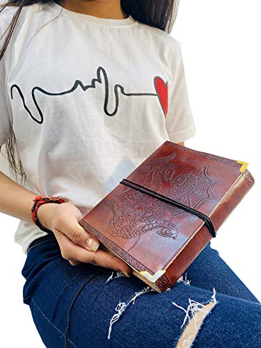 AzureGreen DOUBLE DRAGON Blank Page BOOK Handcrafted Leather Writing Unlined 5 x 7 JOURNAL (Brown Golden Corner) - color: Brown Golden Corner