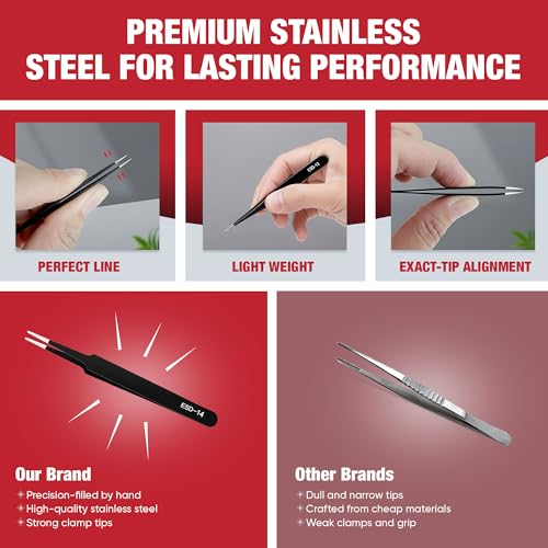 5-Piece Precision Tweezers Set with Case – ESD Anti-Static, Pointed, Slant, & Angled Tips for Beauty, Eyelash Extension, Ingrown Hair Removal, Craft, Jewelry, Electronics Repair, Soldering