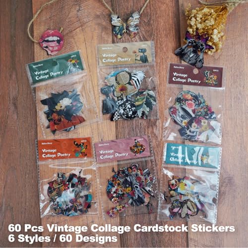 60 Pcs Vintage Collage Cardstock Stickers for Scrapbooking | Six surreal themes with portraits, florals, animals and retro ephemera, pre-cut and self-adhesive for journaling and crafts - color: Vintage Dream Collage