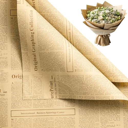 WRAPAHOLIC 20 Sheets Kraft Newspaper Flower Wrapping Paper - 19.6 x 27.5 inch Coffee Font Vintage Newsprint Design Reversible Floral Bouquet Wrapping Paper for Florist Supply Wedding Birthday Gift DIY - color: Kraft Newspaper - Coffee