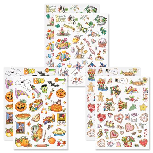 Current Holiday Sticker Variety Pack | Mary Engelbreit Year-Round, 220 Stickers, 6 Sheets, Largest is 1 3/4" x 2 1/2", Christmas, Easter, 4th of July, Thanksgiving - color: Mary Year-round