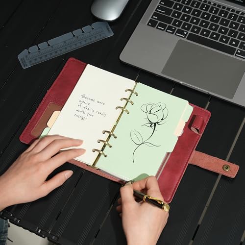 WONDERPOOL Leather Journal Dotted Paper Refillable Writing Binder Notebook - Leather Spiral Diary with Inner Organizer Pockets for Man and Woman (Wine red, A6) - color: Wine red, size: A6