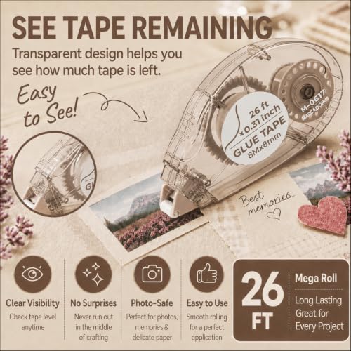 MARCADORUS Glue Tape Roller, Double Sided Scrapbook Tape, 208 Ft Total - size: 26 Ft x 0.31 In : 8 Pack