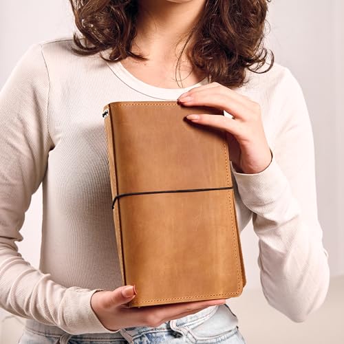 Leather Journal Cover for Regular 4.5" x 8.5" Notebook, Refillable Leather Notebook Case with 5 Elastic Bands, Pen Holder & Pockets, Travel Journal Organizer (Paper Not Included), Caramel Brown - size: Regular