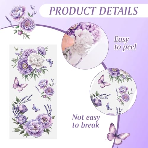 Flowers Rub on Transfer Stickers, 3 Sheets Peony Theme Furniture Transfer Sticker Decals Purple Floral Decals for Crafts Decor Wood Drawer Cabinet Ceramic - color: Purple Peony