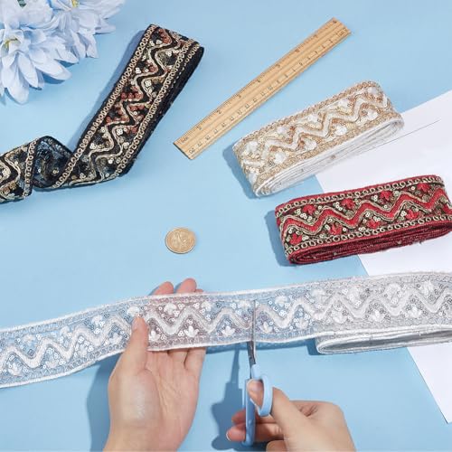 4 Colors 10 Yards 2 Inch Metallic Sequin Jacquard Ribbon Embroidered Trim Tape Boho Sheer Embroidery Woven Fabric Applique Trimming Set for Sewing Making Crafts Dress Clothes DIY Home Decor - color: Mixed Color