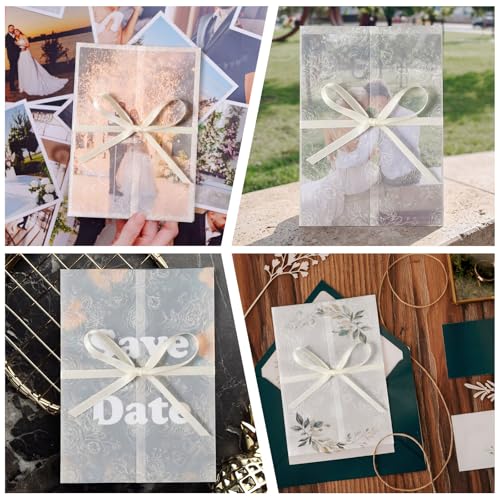 100 Pcs Pre Folded Floral Vellum Jackets for 5x7 Invitations, Wedding Translucent Vellum Paper with Ribbon, Envelope Liners for Wedding Bridal Baby Shower Birthday Mother Event(White) - color: White