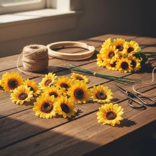 Jinshining 100Pcs Yellow Artificial Flower Heads Mini Fake Sunflower Decorative Fabric Flowers Craft Floral Embellishments for Wreaths Wedding Artificial Flowers