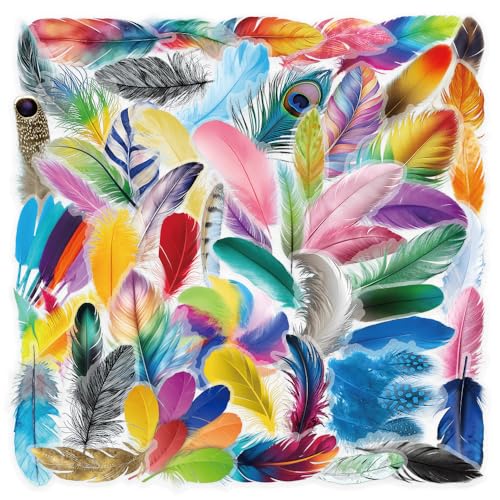 50 Pcs Feather Stickers Waterproof Graffiti for Scrapbooking | Transparent vinyl decals with vibrant rainbow feather graffiti art. Perfect for laptops, phone cases, journals, DIY crafts - style: Feather Graffiti