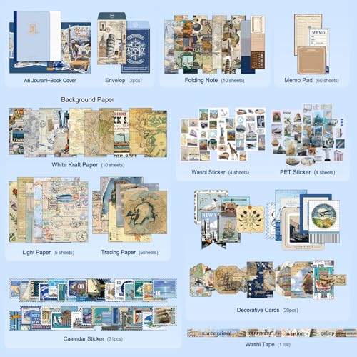 miikoul Vintage Scrapbooking Supplies Kit for Teen Girl Kid Women Diy Gift - color: Blue Travel