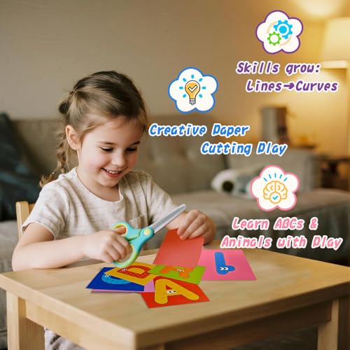 Flamax Scissor Skills Activity Book Craft Scissors Set Includes Safety Scissor & 40 Colored Cardstock Paper Templates, Safety Scissors for Kids Ages 2-4, Colored Cardstock Paper - color: Letter