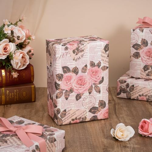 WRAPAHOLIC Kraft Vintage Floral Wrapping Paper Roll - Mini Roll - 17 Inch x 16.5 Feet - Retro Paris Rose Butterfly Newspaper Wrapping Paper for Birthday, Wedding, Anniversary, Bridal Shower - color: Kraft Newspaper - Paris & Floral