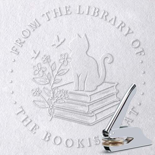 Silver Book Embosser Kit for Wedding Invitations, Journals Decor, Library Embosser Stamp Tool with Storage Box & 10 Pcs Gold Stickers, Gift for Book Lovers(Bookish Cat) - size: Cat Design-2