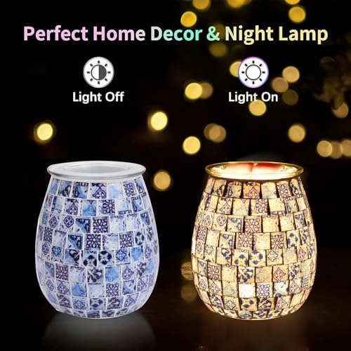 Dicimi Chinese Mosaic Electric Wax Melt Warmer, Handmade Glass Art Candle Warmer Lamp, Plug in Wax Warmer with Night Light 2-in-1, Flameless Wax Melter for Home, Housewarming Birthday Gift - color: Blue Square Pattern