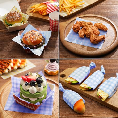 Honeydak 200 Pcs Blue Checkered Wax Paper Sheets 7 x 7 Inch Parchment Paper - color: Blue, style: Classic
