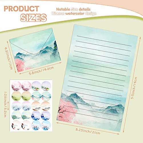 TaoBary 160 Pcs Ink Painting Stationery Paper and Envelopes Set | 5.5 x 8.25'' Letter Writing Kit, 50 Double Sided Stationery Writing Papers 50 Matching Envelopes 60 Round Dot Sticker - size: 5.5 x 8.25 Inch, style: Ink Painting