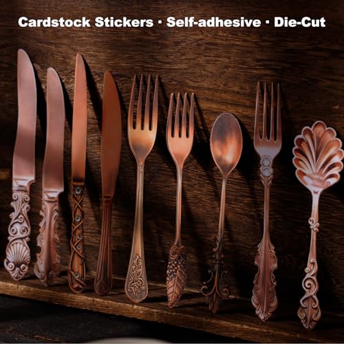 60 Pcs Vintage Cutlery Stickers for Scrapbooking and Journaling | Ornate forks, spoons and knives in bronze, gold and silver tones on cardstock for collages, cardmaking and mixed media - color: Classic Tableware