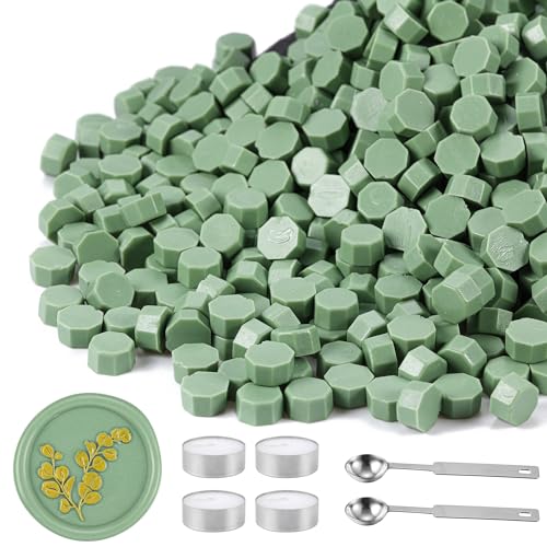 Yoption 360Pcs Sage Green Sealing Wax Beads, Sealing Wax Kit for Wax Seal Stamp, Hexagon Wax Seal Beads with 4Pcs Tea Candles and 2 Wax Seal Spoon - color: Sage Green