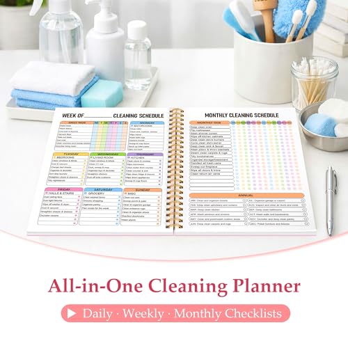 Home Cleaning Planner & Checklist Book for Women Adults – Daily, Weekly & Monthly Cleaning Schedule and Checklist, Housekeeping Organizer with Cleaning Lists, Spiral Bound Cleaning Book Planner