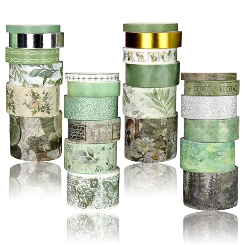 Washi Tape Set, 24 Rolls Vintage Washi Stickers, Assorted Sizes, for Junk Journal Scrapbook Tape, Bullet Journaling Scrapbooking Supplies, Planner Sticker DIY Craft DéCor (Green) - color: Green