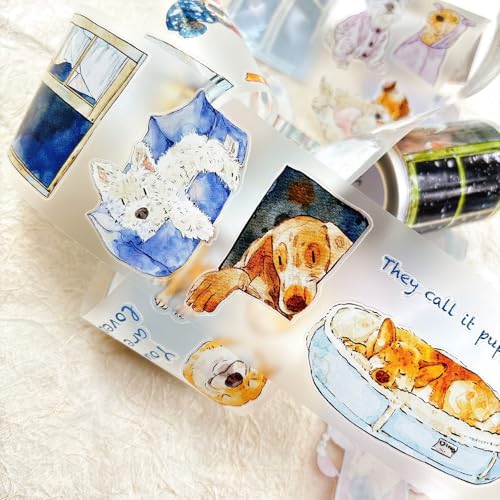 DingDing Vol.15-55 Here's a Dog, Matte PET Washi Tape, Kiss-Cut 2.36 in x 10.94 yd, Vintage Pet Tapes, Washi Stickers for Scrapbooking, Planner Stickers, Bullet Journal, Scrapbook Tape - style: Matte PET