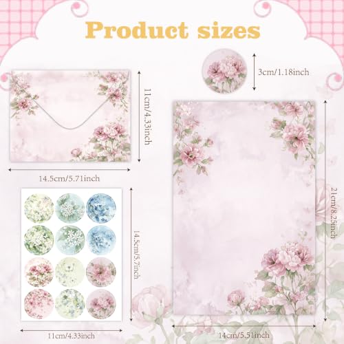 50 Pcs Stationery Paper Envelopes Set,No-Bleed Lined (6Style) | Includes 24 Writing Paper & 24 Envelopes with 24 Stickers, Flower Floral Letter Writing and Stationery Paper Envelopes - color: Soft Floral