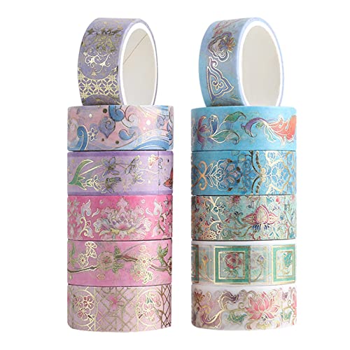 12 Rolls Floral Washi Tape Set, Gold Foil Flower Decorative Washi Masking Tape, Botanical Washi Tape for Scrapbooking, Journal, Planner, DIY Crafts, Gift Wrapping - color: Floral