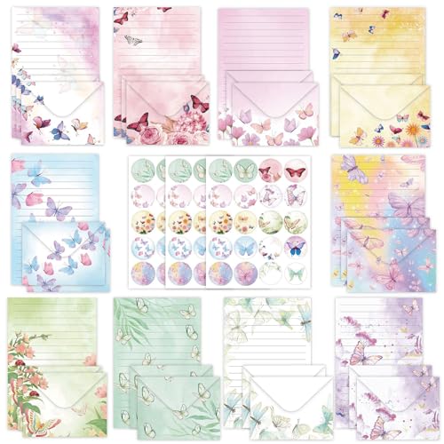 160 Pcs Stationery Paper Envelopes Set | Includes 50 Writing Paper & 50 Envelopes & 60 Dot Stickers,Butterfly Letter Writing Stationery Paper Envelopes(10Style) - color: Butterfly