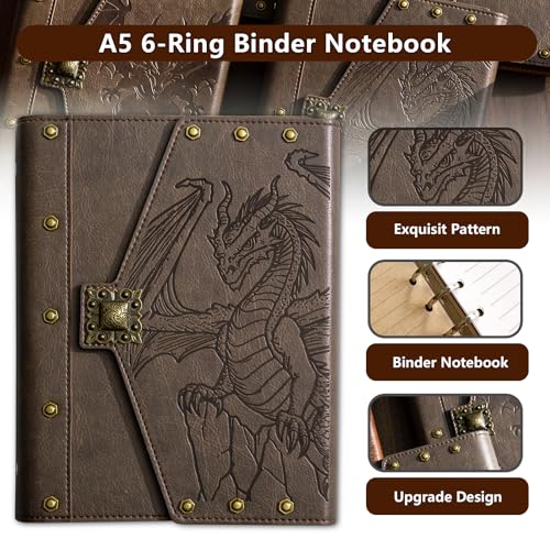 DUROTAN DND Journal D&D Notebook Unique A5 Binder 400 pages | for Dungeons & Dragons / D&D Gifts Set,for Travel Office Daily Writing Items & Accessories for Players - color: s01-Khaki-Dragon
