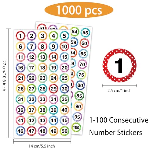 1 Inch Number Sticker, Waterproof Round Consecutive Number Stickers 1-100, Multicolored Vinyl Decals for Office, Classroom, Storage, Inventory, Indoor, Outdoor - color: Multicolored, size: 1 inch