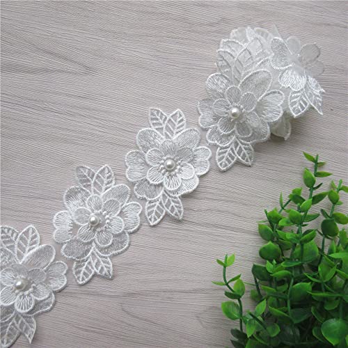 2 Yards 3D Flower Lace Trim Pearl Embroidered Polyester Lace Ribbon Fabric Applique Patchwork for Wedding Dress Handmade DIY Sewing Craft Supplies Decoration (White) - color: White