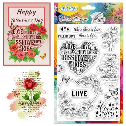 CHGCRAFT Roses Clear Stamps Heart Flowers Love Words Transparent Stamp Butterfly Silicone Clear Stamp Seals for Cards Making DIY Scrapbooking Photo Decoration - style: Rose