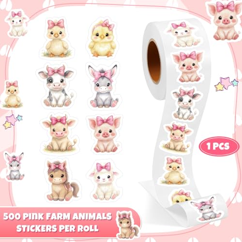 Qeeenar 500 Pcs Animal Stickers Roll for Kids, Pink Farm Reward | Cute Farm Animals with Pink Bows, Teacher Rewards and Classroom Incentives, Kids Behavior Chart, Party Favor Supplies - style: Pink Farm Animal