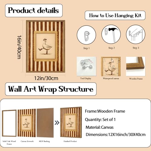 Funny Cowboy Goose Wall Art Silly Western Dancing Goose Wall Decor Painting, Whimsical Cute Stripe Animal Poster Canvas Print Picture for Living Room Bedroom 12x16 inch Wood Framed - color: Cowboy Goose, size: 16"L x 12"W
