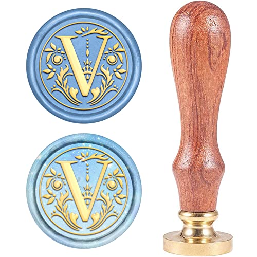 CRASPIRE Letter V Wax Seal Stamp Vintage Alphabet Initial Sealing Wax Stamps Retro 25mm Removable Brass Head with Wooden Handle for Wedding Invitations Party Envelope Thanksgiving Christmas Halloween - style: Letter V