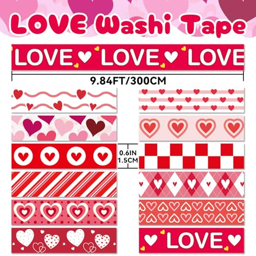 12 Rolls Love Heart Washi Tape Set, Pink Red Decorative Tape Valentine Stripe Dots Masking Tape for Journaling Supplies,Wedding Party,Junk Journal, Scrapbooking, Planner, DIY Arts & Crafts