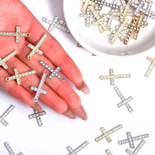 stino 40/50 Pieces Rhinestone Charms, Turtle Heart Bow Cross & Rhombus Jewelry Making Supplies, Silver & Gold Plated Crystal Pendants - style: Cross (50PCs)