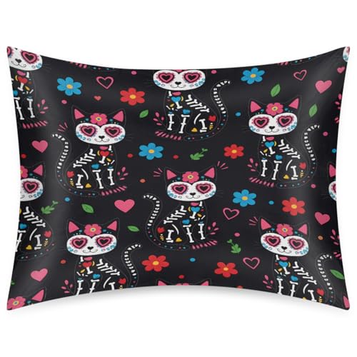 Satin Pillowcase for Hair and Skin, Standard Size Day of The Dead Cat Sugar Skull Flower Decorative Pillow Sham with Envelope Closure Pillow Cover for Bedroom Hotel - color: Sugar Cat, size: 20x26in