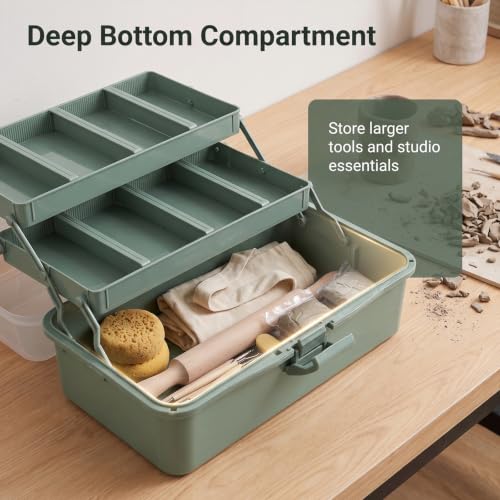 Quntharil Pottery Tool Organizer, 3-Tier Pottery Tool Storage Box with Removable Dividers, Plastic Craft Organizer Case Art Supply Storage with Handle and Safety Latch for Studio & Travel, Green
