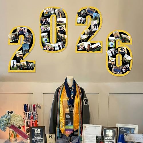 Eaasty 4 Pcs 2026 Graduation Photo Display Decoration Picture Display Board Frame Collage Graduation Decorations Gold Glitter Paper Cutouts with Self-Adhesive Dots for Wall College Class of 2026 Party