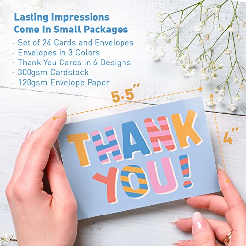 Sweetzer & Orange S&O Fun Thank You Cards with Envelopes - Blank decor sheets for Handwritten Messages, Appreciation Cards with Envelopes, Set of 24 Gratitude Notes for Teachers with Colorful Cover