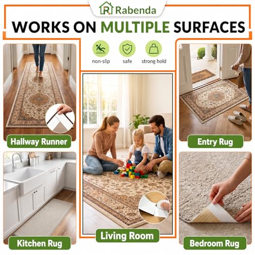 Rabenda Double Sided Carpet Tape for Area Rugs, Includes Anti Stick Cutter