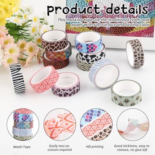12 Rolls Leopard Animal Print Washi Tape Set,Cute Animal Pattern Decorative Tape,Cheetah Cows Zebra Peacock Decorative Masking Tapes for DIY Scrapbook Journaling Handbook Making Card Wrap Craft Gift - style: Animal Grain